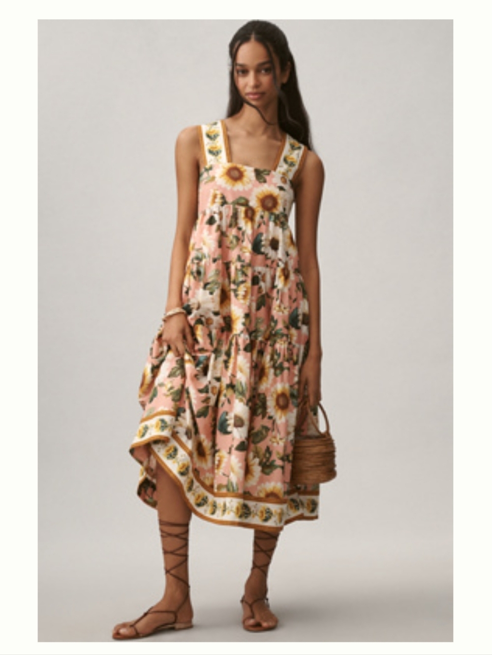 New Anthropologie Sunflower Print Pink Tiered Midi Helena Sundress Small